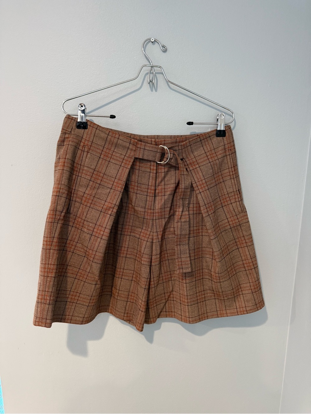 Tibi Plaid Belted A-Line Skirt Shorts in Brown